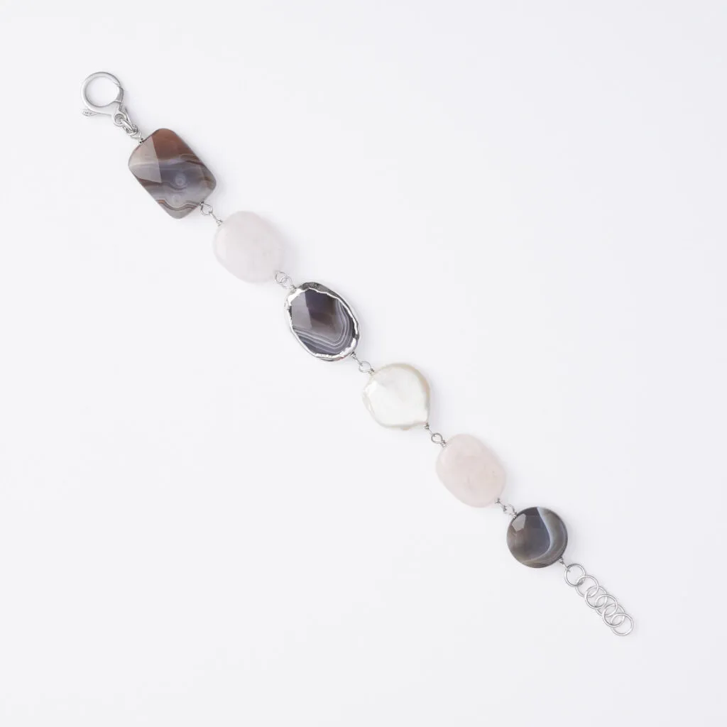 Bracciale rilegato in Agata Botswana, Perle e Morganite con Scontornato