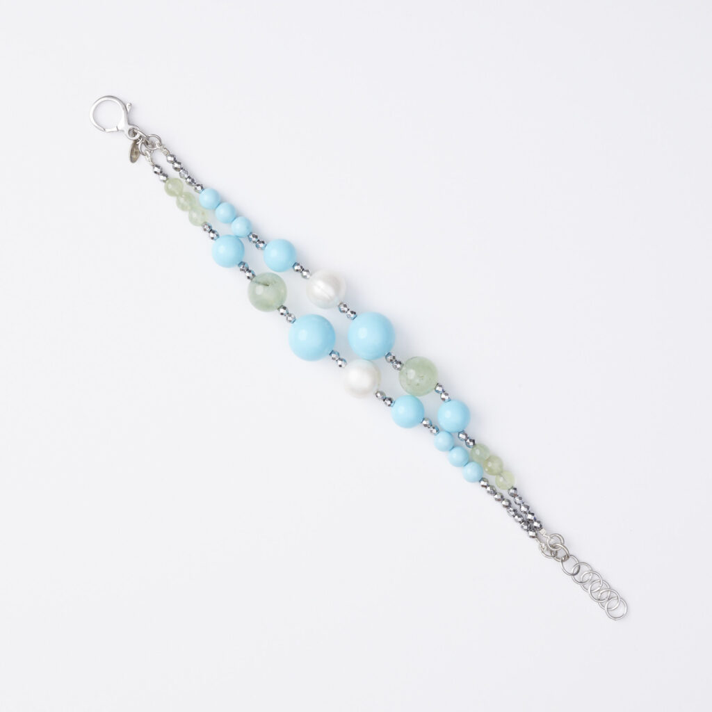 Bracciale a due fili in Pasta di Turchese, Prehnite e Perle