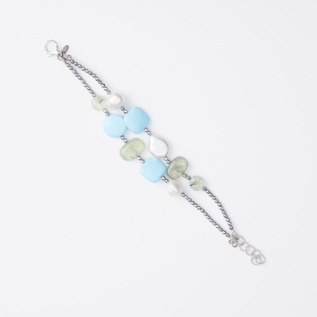 Bracciale a due fili in Pasta di Turchese, Prehnite e Perle