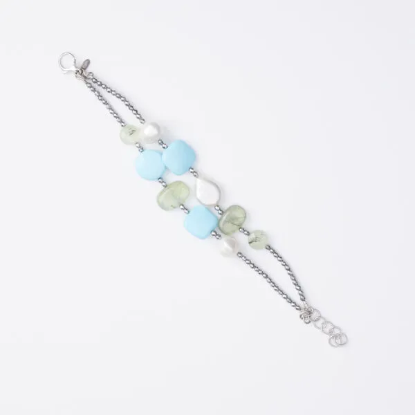 Bracciale a due fili in Pasta di Turchese, Prehnite e Perle