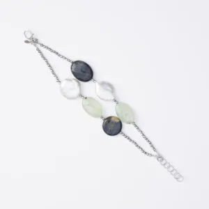 Bracciale a due fili in Prehnite, Occhio di Falco e Perle