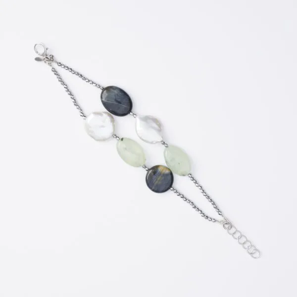 Bracciale a due fili in Prehnite, Occhio di Falco e Perle
