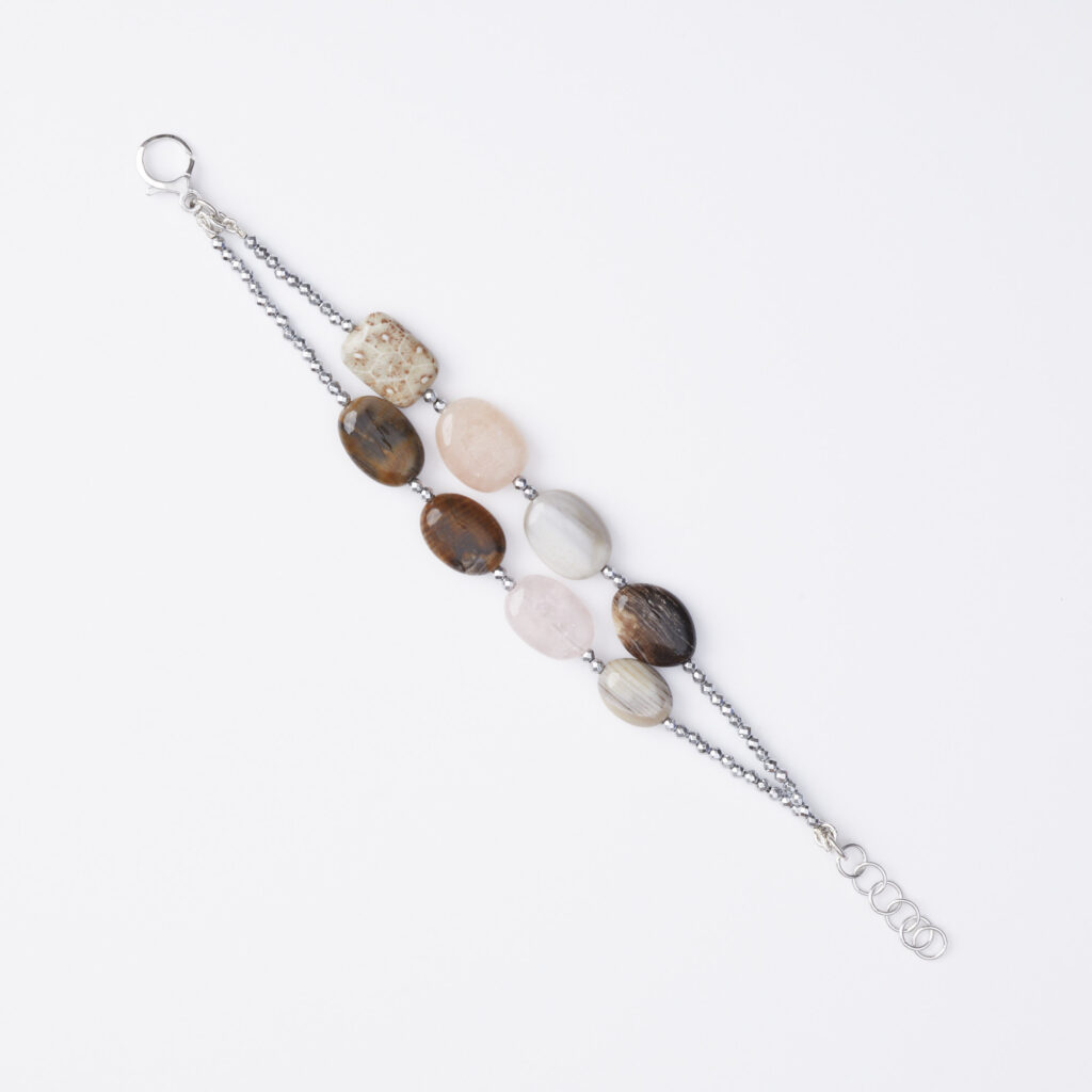 Bracciale a due fili con Morganite, Corallo Fossile e Legno Fossile