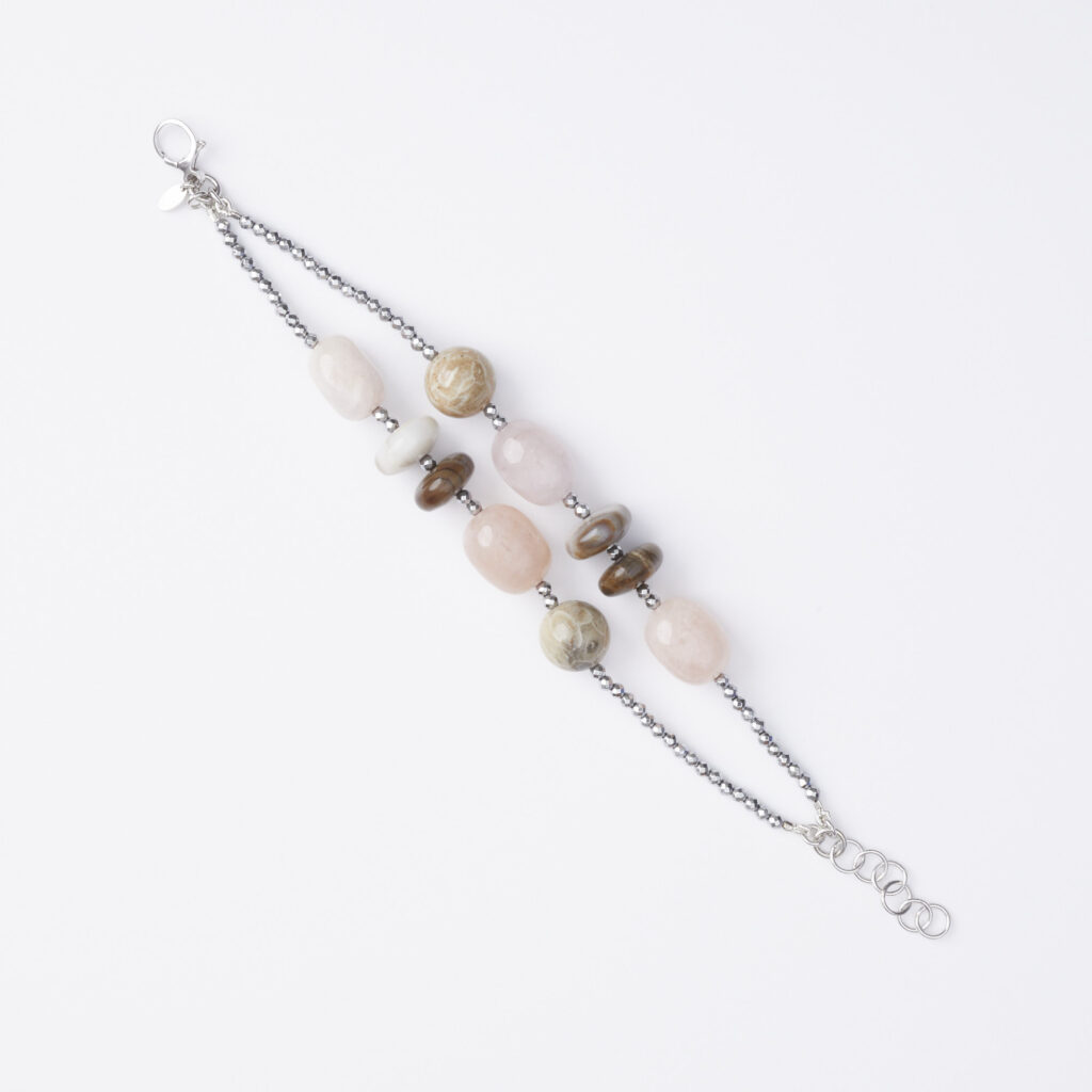 Bracciale a due fili, in Ematite, Morganite e Legno Fossile
