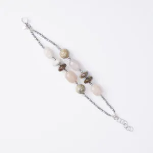 Bracciale a due fili, in Ematite, Morganite e Legno Fossile