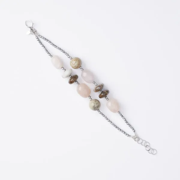 Bracelet deux brins en hématite, morganite et bois fossile