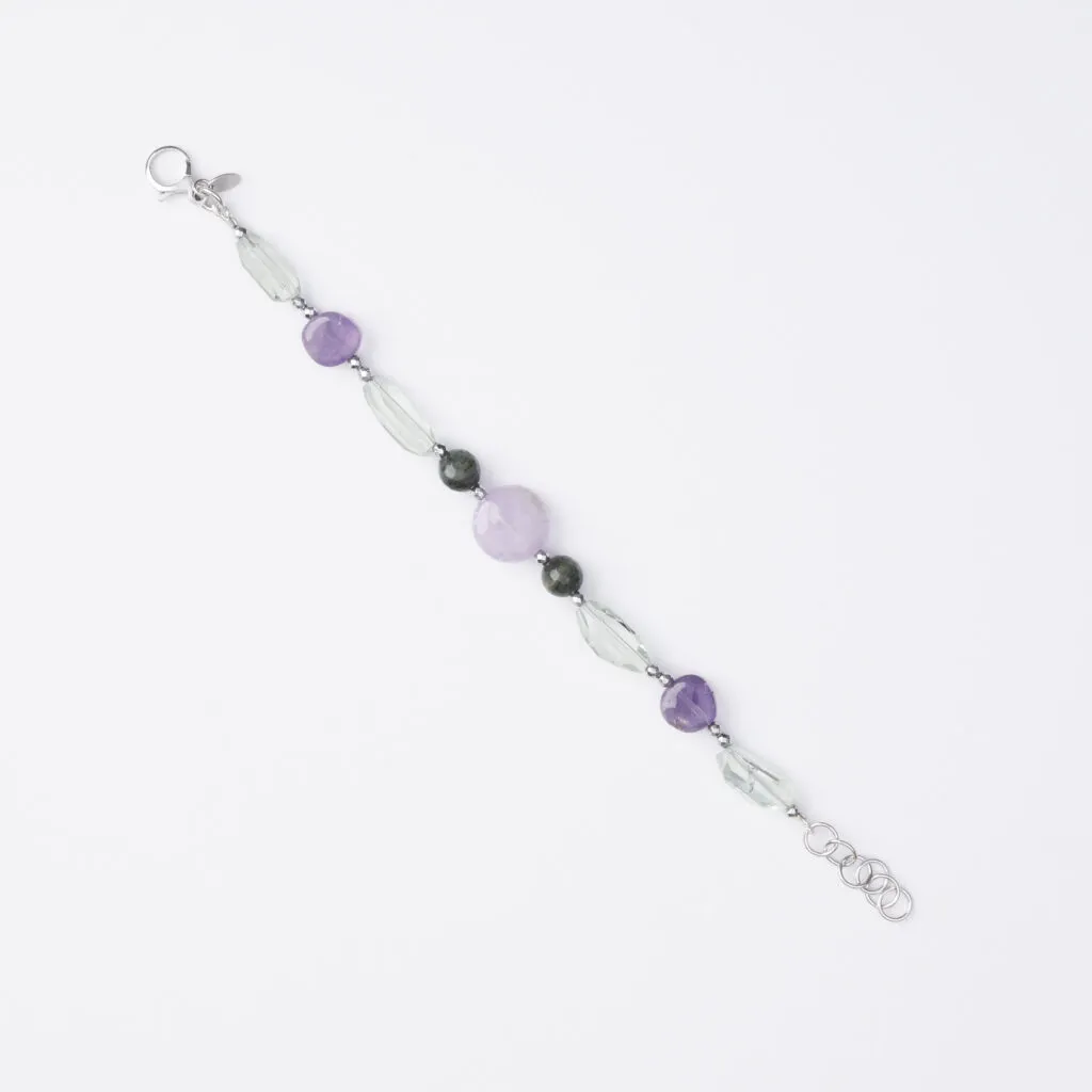 Bracciale infilato con Ametista, agata Salvia e Prasiolite