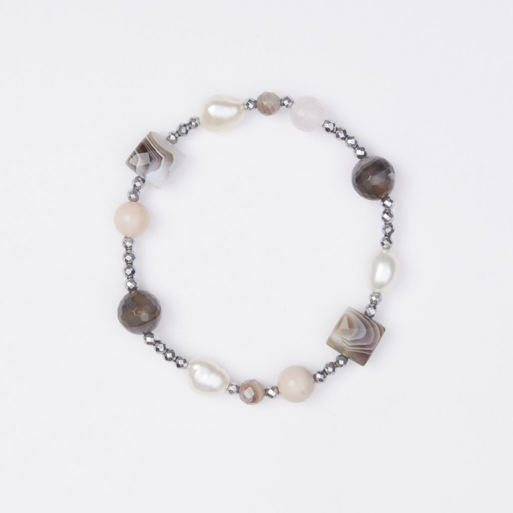 Bracciale Elastico in Ematite, Agata Botswana , Quarzo Rosa e Perle