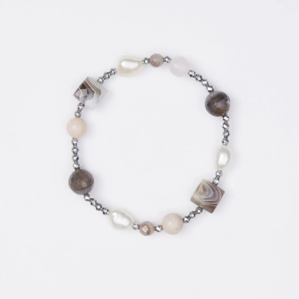 Bracciale Elastico in Ematite, Agata Botswana , Quarzo Rosa e Perle