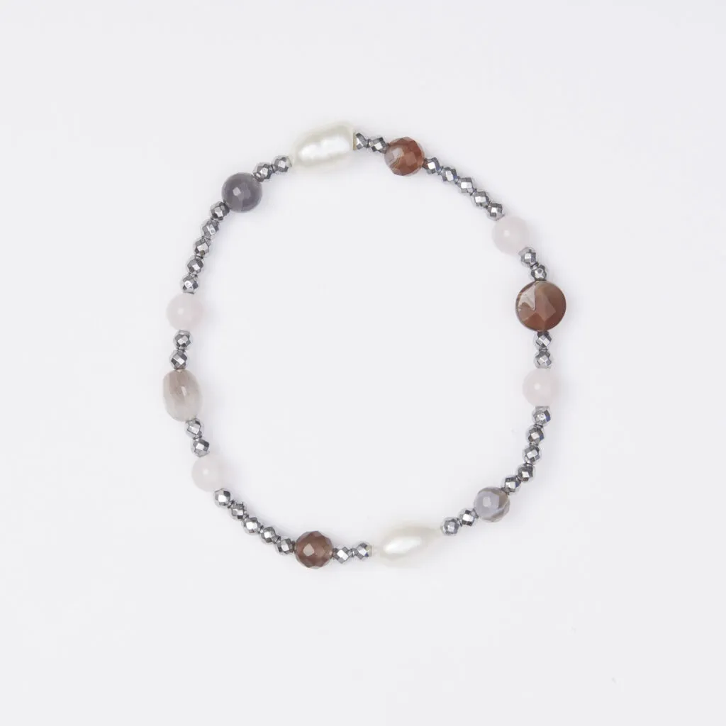 Bracciale Elastico in Ematite, Agata Botswana, Quarzo Ematoide e Perle
