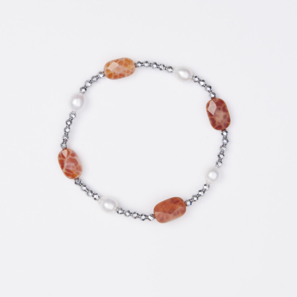 Bracciale Elastico in Ematite, Agata Di Fuoco e Perle