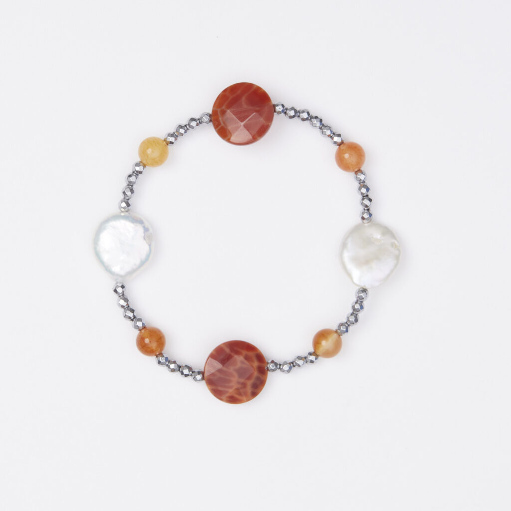 Bracciale Elastico in Ematite, Agata Di Fuoco e Perle