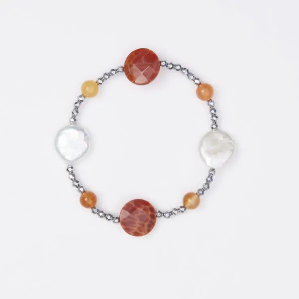 Bracciale Elastico in Ematite, Agata Di Fuoco e Perle