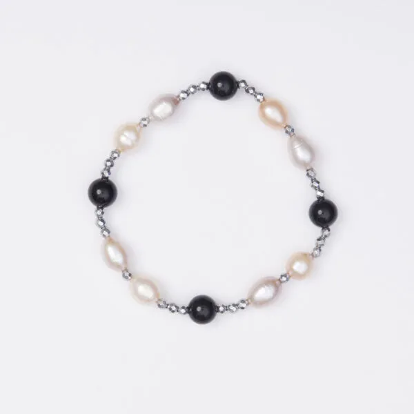 Bracciale Elastico in Ematite, Agata Nera e Perle Rosate