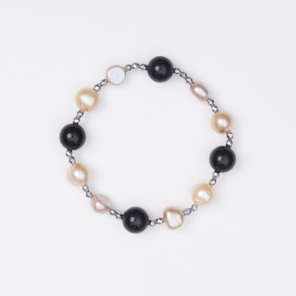 Bracciale Elastico in Ematite, Agata Nera e Perle Rosate
