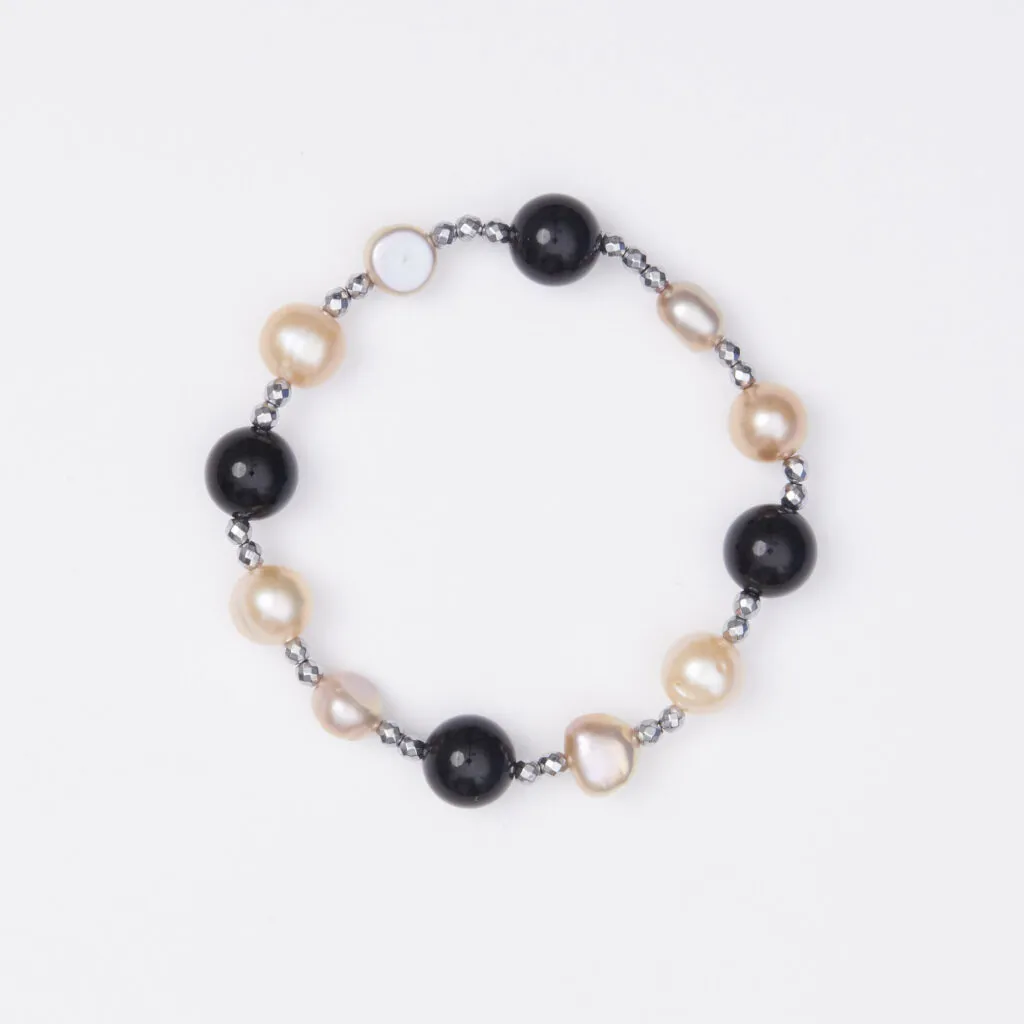 Bracciale Elastico in Ematite, Agata Nera e Perle Rosate
