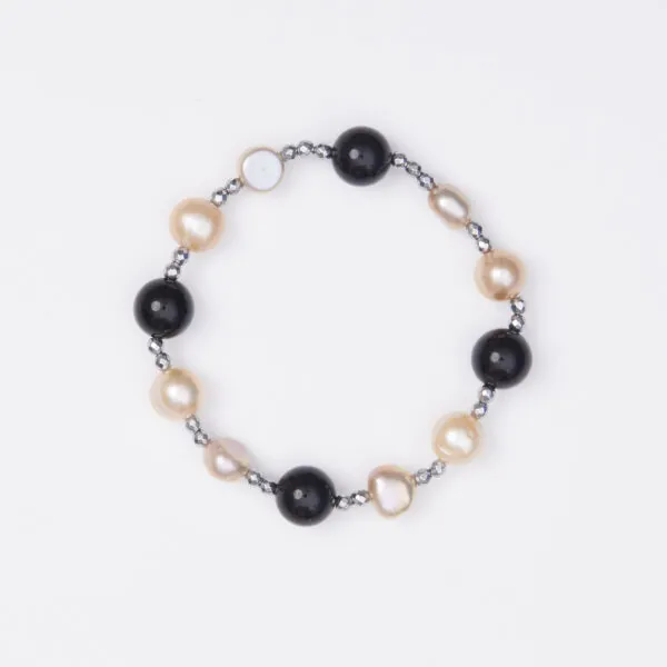 Bracciale Elastico in Ematite, Agata Nera e Perle Rosate