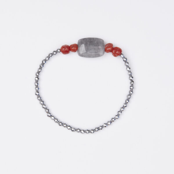 Bracciale Elastico in Ematite, Quarzo Grigio e Corallo Rosso