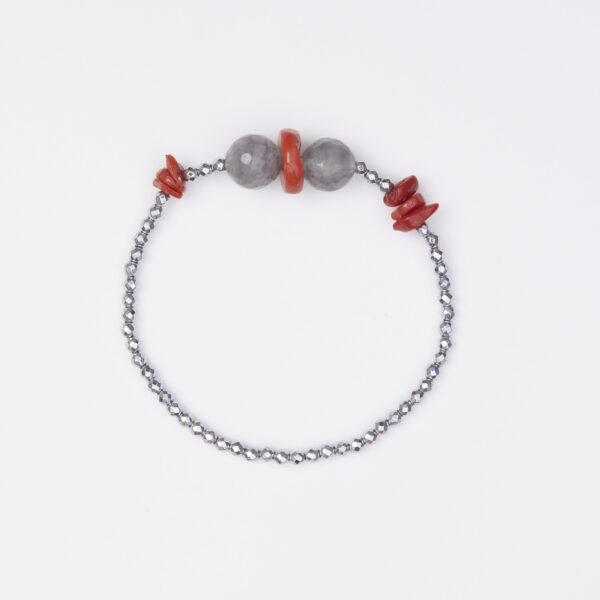 Bracciale Elastico in Ematite, Quarzo Grigio e Corallo Rosso