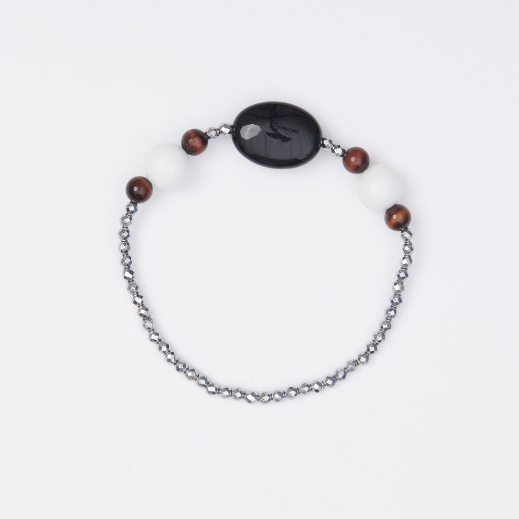 Bracciale Elastico in Ematite, Agata Bianca ed Occhio di Bue
