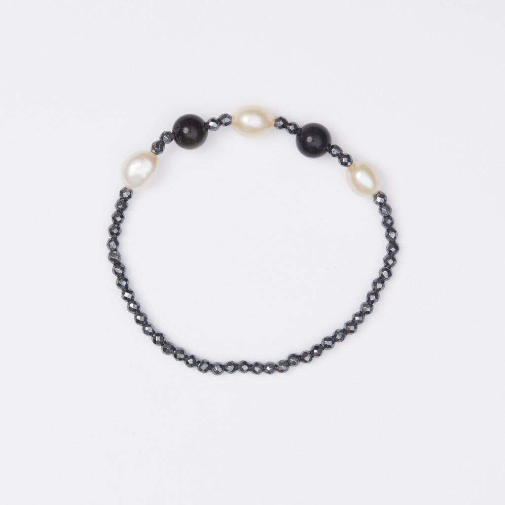 Bracciale Elastico in Ematite, Ossidiana Rainbow e Perle