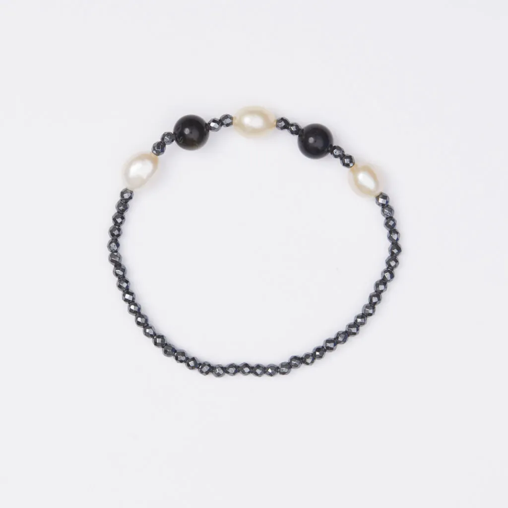 Bracciale Elastico in Ematite, Ossidiana Rainbow e Perle