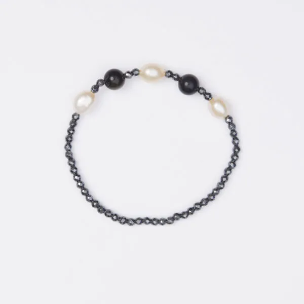 Bracciale Elastico in Ematite, Ossidiana Rainbow e Perle