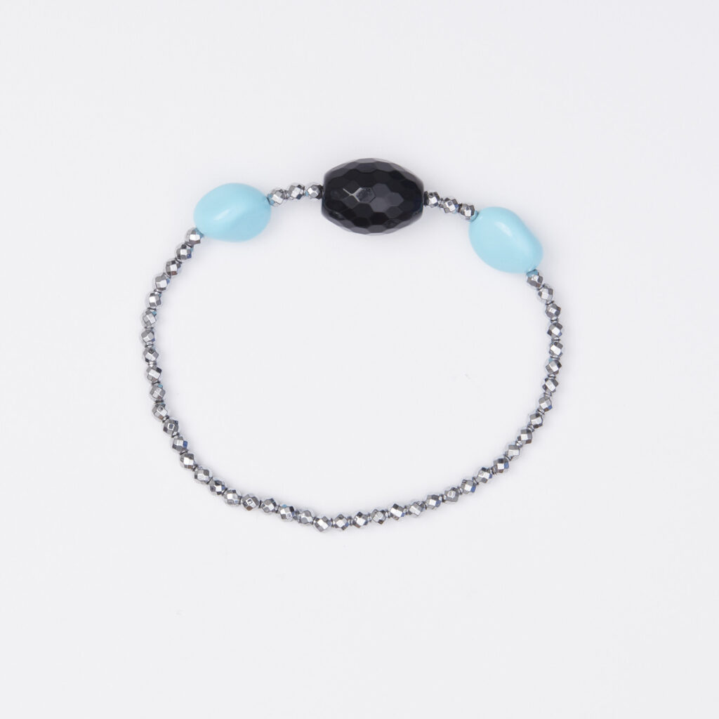 Bracciale Elastico in Ematite, Pasta di Turchese ed Agata Nera