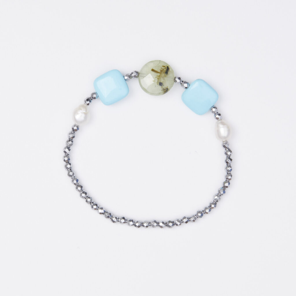 Bracciale Elastico in Ematite, Pasta di Turchese e Prehnite