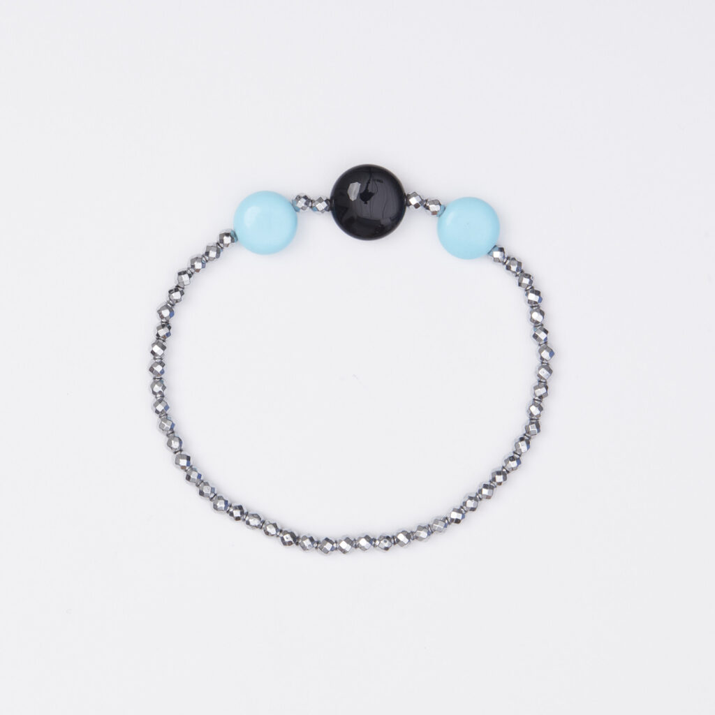 Bracciale Elastico in Ematite, Pasta di Turchese ed Agata Nera