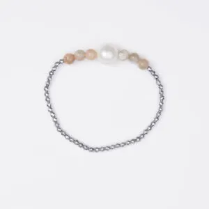 Bracciale Elastico in Ematite, Pietra di Luna e Perle