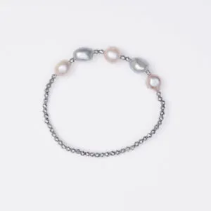 Bracciale Elastico in Ematite e Perle di Fiume Grigie e Rosate