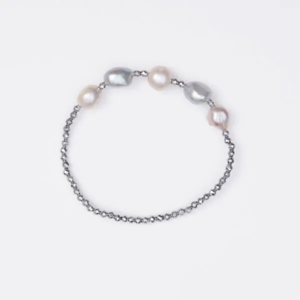 Bracciale Elastico in Ematite e Perle di Fiume Grigie e Rosate