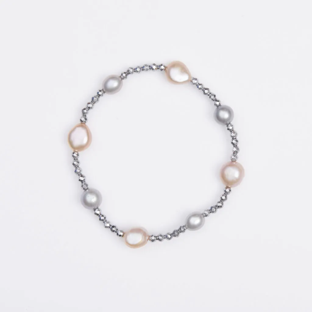 Bracciale Elastico in Ematite e Perle di Fiume Grigie e Rosate
