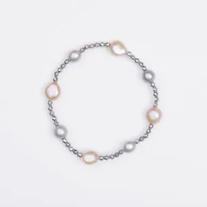 Bracciale Elastico in Ematite e Perle di Fiume Grigie e Rosate