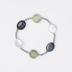 Bracciale Elastico in Ematite e Prehnite, Perle ed Occhio di Falco