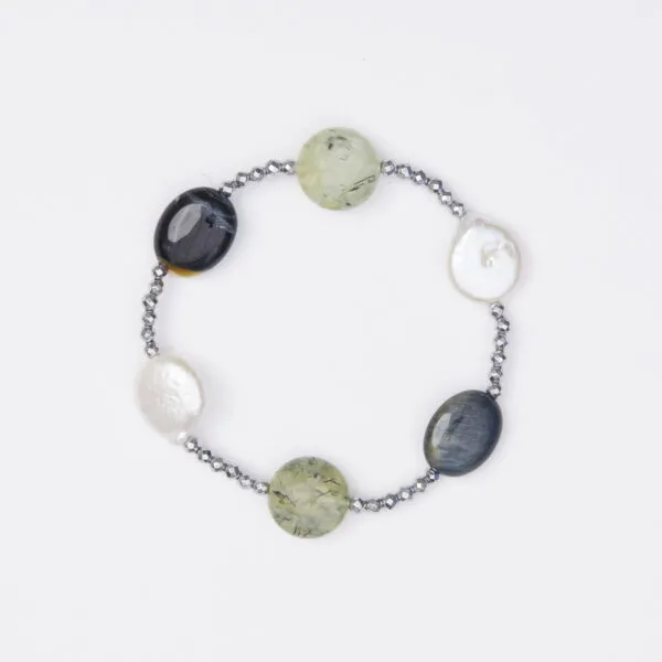 Bracciale Elastico in Ematite e Prehnite, Perle ed Occhio di Falco