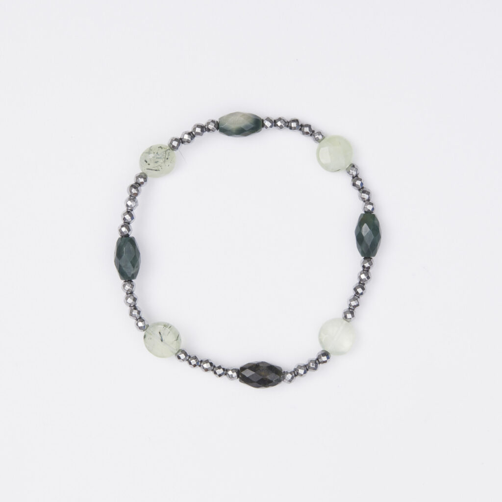 Bracciale Elastico in Ematite, Prehnite ed Agata Muschiata