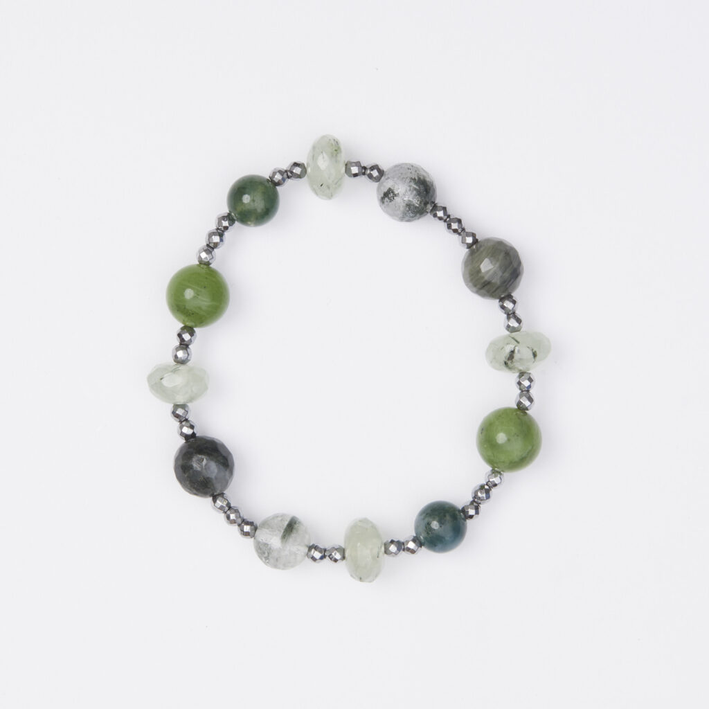 Bracciale Elastico in Ematite, Prehnite, Nefrite e Muschiata