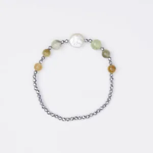 Bracciale Elastico in Ematite, Prehnite e Perle