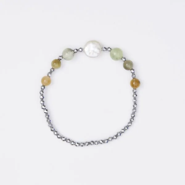 Bracciale Elastico in Ematite, Prehnite e Perle