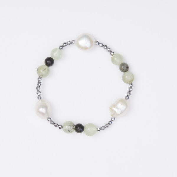 Bracciale Elastico in Ematite, Prehnite e Perle