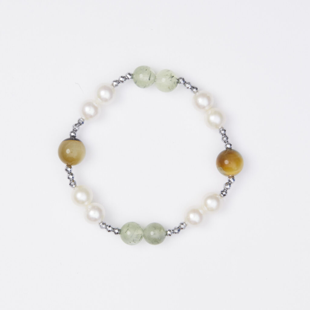 Bracciale Elastico in Ematite, Prehnite e Perle
