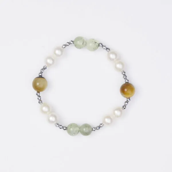 Bracciale Elastico in Ematite, Prehnite e Perle