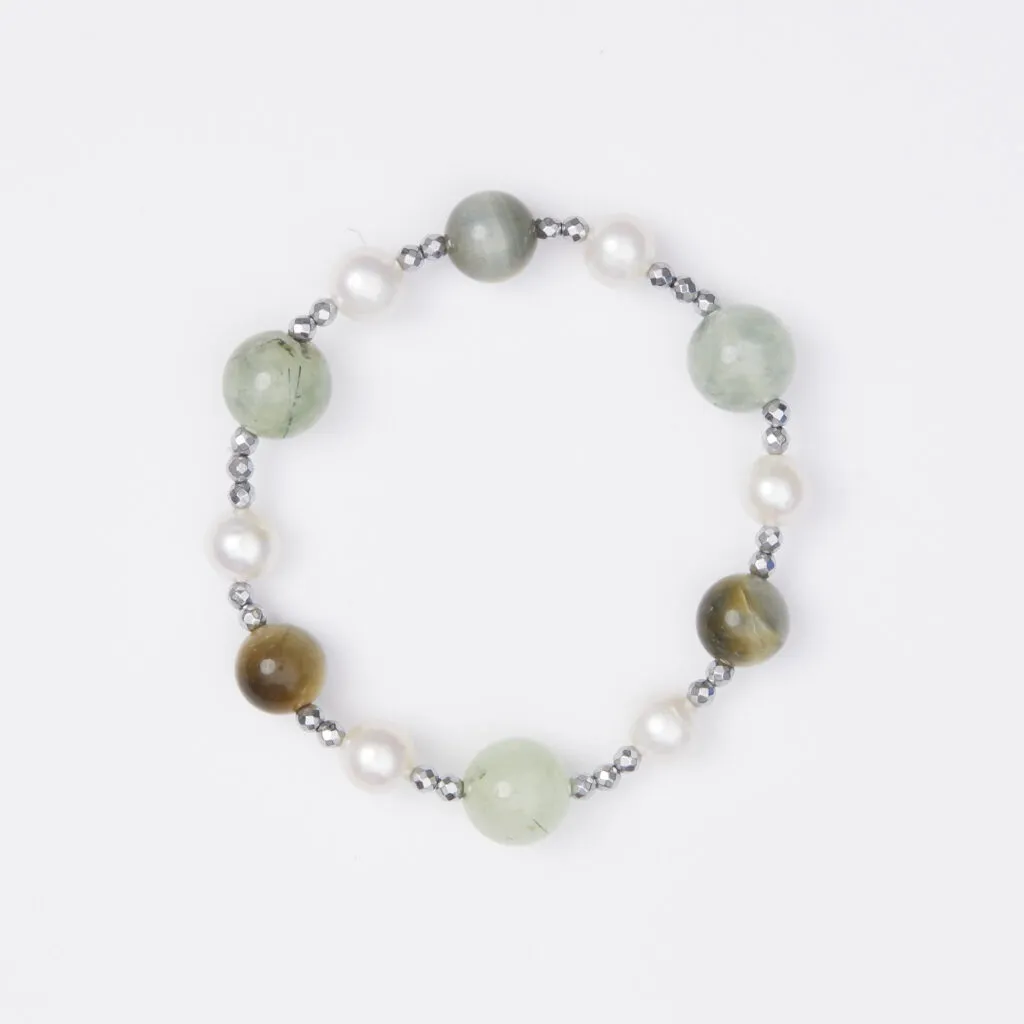Bracciale Elastico in Ematite, Prehnite, Occhio di Falco e Perle