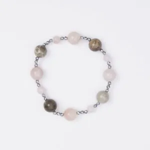 Bracciale Elastico in Ematite, Quarzo Rosa e Legno Fossile