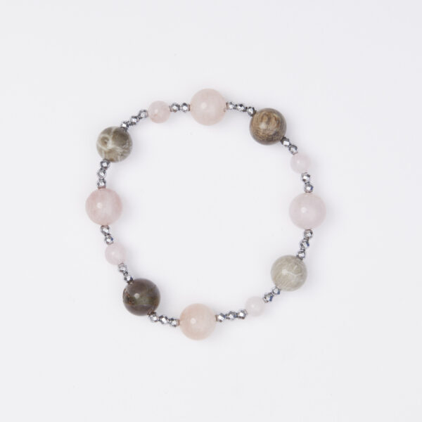 Bracciale Elastico in Ematite, Quarzo Rosa e Legno Fossile