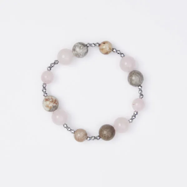 Bracciale Elastico in Ematite, Quarzo Rosa e Corallo Fossile