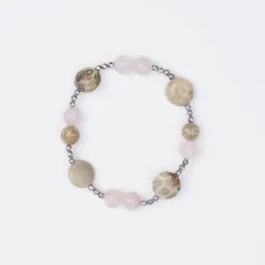 Bracciale Elastico in Ematite, Quarzo Rosa e Corallo Fossile
