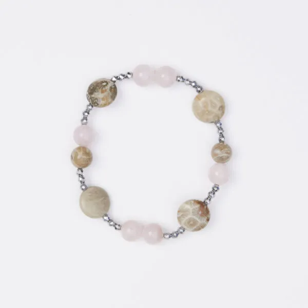 Bracciale Elastico in Ematite, Quarzo Rosa e Corallo Fossile